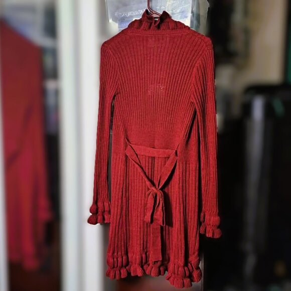 Ruffled Open-Front Long Cardigan Sweater w/ Matching Tie-front or Tie-back Belt - Picture 2 of 5